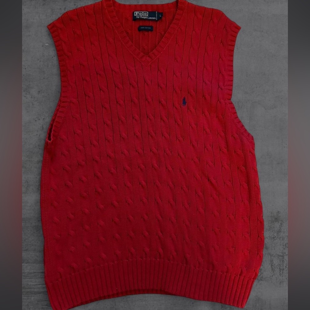 Polo Ralph Lauren Red‎ Cable Knit Cotton Preppy V Neck Sweater Vest